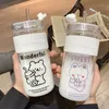 2021 Cute cartoon glass Water Bottles with straws, portable, simple, fresh and trendy cups 4 styles