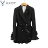 Autumn Korean Fashion Flounce Waist Women's Blazer Double-breasted High-grade Suit Jacket with Belt Female Office Lady 210607