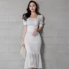 Women Summer Two Piece Set Fashion Lace Hollow out Square Collar Puff Sleeve Short Tops + High Waist Bodycon Mermaid Skirts 210519