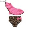 Baby Clothes Set Summer Kids Girl Oblique Shoulder Leopard Bowknot Bikini Swimwear Swimsuit Casual Split Bathing Suit 210508