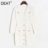 Col en V fausse poche taille haute tricoté simple boutonnage centre commercial Goth Y2k vêtements blanc modeste robe printemps GX300 210421