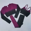 Ombre Seamless Yoga Set Women Gym Clothing Workout Long Sleeve Crop Top Sports Bra High Waist Fitness Leggings Suits 210802