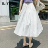 Branco irregular MIDI Saia Mulheres Preto Elástico Cintura Plain Chic Preppy Summer Shays Kawaii Fash Faldas Mujer 210506