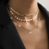 Bakır Düz Yılan Zincir Gerdanlık Kolye Kadınlar için Yaka Çok Katmanlı Yuvarlak Sequins Herringbone Kolye Boho Takı Hediye Chokers