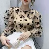 Nomikuma O Neck Puff Sleeve Gaze Shirt Kvinnor Två Piece See Through Flower Pattern Fashion Blouse Ankomst Blusas Mujer 3c636 210514