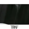 TRAF女性のファッションフェイクレザールースブレザーコートビンテージ長袖ポケットバックベント女性アウターウェアシックトップ210930