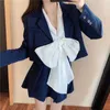 spring Women's suit jacket long sleeve coat+ butterfly shirt + pleated skirt three-piece 210531