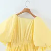 デザイン女性黄色の巾着非対称ドレス女性夏のパフスリーブ緩いプラスサイズのvestido 210514