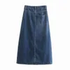 Retro Long Denim Kjolar För Flickor Kvinnor Hög Midja Knappfickor Jeans Straight Maxi Woman High-Waisted Skirt 210520