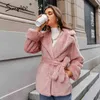 Elegant lapel rosa kvinnor päls kvinnlig långärmad spets upp parka casual kontor damer höst vinter kappa 210414