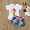 Filles été vêtements ensemble glace haut + trou jean court 2 pièces enfants décontracté école extérieur Vestidos X0902