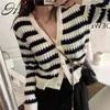 Women Casual Cardigans Short Striped Knitted Jackets Black and White Button Up V neck Long Sleeve Sweater 210430