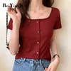 Knitted Cropped Tops Female Kawaii Young Korean Buttons Short Sleeve T-shirt Woman Cute Solid Casual Tee Shirts Womens 210506