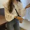 Chic Office Lady Fairy Peter Pan Collar Basic Blouses All Match Kant Chiffon Puff Sleeves Casual Vrouwelijke Shirts 11767 210427