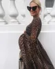 Платья для беременных с длинным рукавом Высокая шеи леопардовый принт Rauffled 2021 весеннее беременное платье элегантное вместе одежда для беременных Q0713
