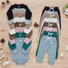 2021 Jesień 2 Sztuk Noworodków Baby Boys Girls Ubrania Zestawy, Casual Solid Color Wafel Button Z Długim Rękawem Romper and Tie-Up Spodnie G1023