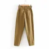 Kvinnor Khaki Bomull Paperbag Byxor Fashion Streetwear Fickor Pläterad Midja Byxor Ladies Casual Long Pantalon 210515