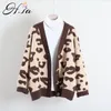 H.SA Women V neck Button Up Knit Pink Grey Leopard Knitted Cardigans Soft Cashmere Sweater Jacket 210417