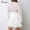 Dicloud Sexig Plunge V Neck Women's Summer Dress White Lace Long Sleeve Mini Wedding Party Dress Ruffle Elegant kläder 210706