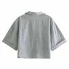 Za Pasiasta Cropped Summer Shirt Kobiety Krótki Rękaw Klapy Kieszenie Gray Vintage Top Kobiece Chic Przycisk UP Casual Koszule 210602