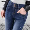26-32 Plus la taille Strentch femmes denim jeans crayon pantalon maigre taille haute trou vintage femme jeans pantalon femail bleu 210519