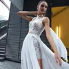 Мода Линия Свадебное платье Пляж Холтер Вывес Без Рукавов Летние Boho Свадебные платья Сексуальная Без спинки Сплит Сплит Аппликационный Кружевной Брак Робин де Марие