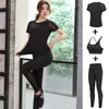 T-shirt a rete da yoga + reggiseno sexy + pantaloni a vita alta da donna Set da 3 pezzi Fitness Collant da palestra Completi da esterno Abbigliamento sportivo da corsa