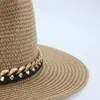 Berets Women's Hat Men Caps Wide Brim Khaki Black Panama Band Band Chain Straw Straw Outdoor Summer Sun Beach Hats Gorras Para Mujerberets