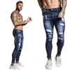 GINGTTO Jeans Hombres Cintura elástica Skinny Jeans Hombres Stretch Ripped Pants Streetwear Mens Denim Jeans Blue 220504
