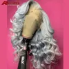 Perruque Lace Front Wig synthétique grise ondulée longue, 13x4, perruque de Simulation de cheveux humains, résistante à la chaleur pour femmes