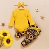 生まれた女の子の衣装9ヶ月の女の子の服ソリッドグリーンピンクフリル長袖のロンパーフローラルプリントパンツヘッドバンドセットLJ201223