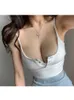 WOMENGAGA Summer Button Slim Elegant Navel Strap Vest Tank Tops White Sexy Korean Halter Top Boho Bodycon AB7N 220519