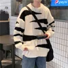 Zebra randiga tröja män förtjockade par kläder retro vinter japansk tröja ful sweetshirts mode överdimensionerade tröja l220730