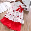 Humor Bear Girl's Clothes Set New Summer Children Bow Lace Sling T-shirt+Striped Short Pants Sets Kids Sleeveless Clothing Sets G220509