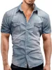 Men's T-Shirts Buttoned Turn-down Collar Shirts Fashion Short Sleeve Denim Casual Men Summer Slim Solid Tops Pullovers MensMen's