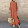Women Vintage Maxi Dress Summer Solid O Neck Stitching Printed 34 Sleeve Side Buttons Dresses Loose Casual Long Dress Plus Size 220705