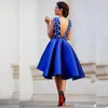 Custom Royal Blue Sexy Deep V Neck Lace Backless High Low Prom feestjurken plus maat knielengte promjurken voor dames