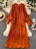 Vintage Pleated Chiffon Long Dress Women Casual Solid Pink/Green/Red O-Neck Draped Slim Vacation Vestidos Autumn Robe 220317