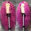 Cor rosa cor 180 densidade hd transparente renda frontal peruca kinky renda encaracolada perucas de cabelo humano frontal para mulheres sintéticas