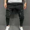 Cargo Pants Men Fashion Solid Color Drawstring Casual Multi Zippers Pockets Trousers Hip Hop Style Men Harem Pants Streetwear 220621