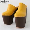 Sorbern gember gele pomp jurk schoenen 24 cm vrouwen muilezels klinknagel punk klompen blok houten stijl brede hakken unisex schoen dik platform