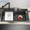 Nanometer Black Step Kitchen Sink SUS 304 Stainless Steel 4mm Thickness Handmade Above Mount Waterfall Faucet Kitchen Sinks