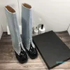 Mode-Automne et hiver style bottes hautes perle tête carrée bottes de couture cuir de vachette pleine fleur Tambour entier de mode taille 18 cm