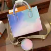 Jiang Luxurys Designer Boston Bags Frühling in der Stadt Sonnenuntergang Bunte Designer mehrfarbiger Kissen Griff Bag Designer Handtasche Braune Leinwand