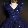 Blue Flower Girl Toddler pour mariage Tulle 3D Robe à volants floraux Robe de Noël Robes de fête d'anniversaire Robes First Communion 403