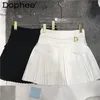Preppy Style Białe plisowane liniowe taniec mini spódnice kobiety wiosna letnia kieszonkowa kieszonkowa puchowa krótka spódnica 220701