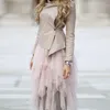 スカートトレンディ2022ミッドカーフの非対称フリルチュールデザイン女性のための弾性ウエストの習慣のためのピンクのアダルトスカート