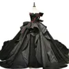 Luxe Gothique Noir Robe De Bal Robe De Mariée Rouge Perlé Arc Chérie Longue Cathédrale Robes De Mariée Vintage Corset Satin Et Tulle Robe De Mariée 2022