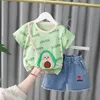 Kläder sätter babykläder flickor klänning frukt tryckt t-shirt med denimshorts tassel 2 bit/set mode barn kläder 1 3 4 årc