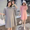 Sommer TurnDown Kragen Lose Mode Schwangere Frauen Kleid Einfarbig Plus Größe Mutterschaft Aline Baumwolle Kleid Casual Kleid J220628